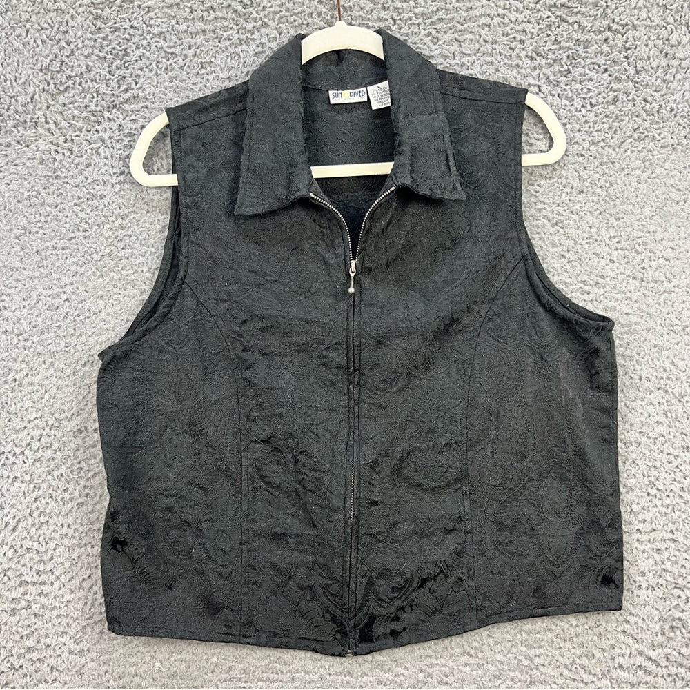 Sun River Damask Carpet Tapestry Vest Womens Large Black Full Zip Western EUC